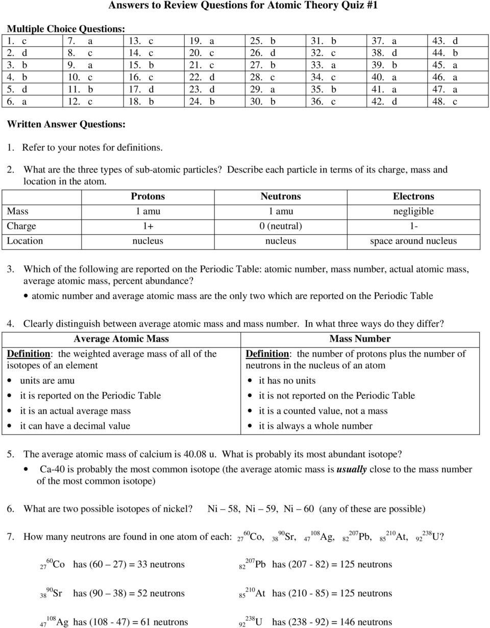 Atomic Structure Worksheet Answer Key Answers to Review Questions for atomic theory Quiz 1 Pdf