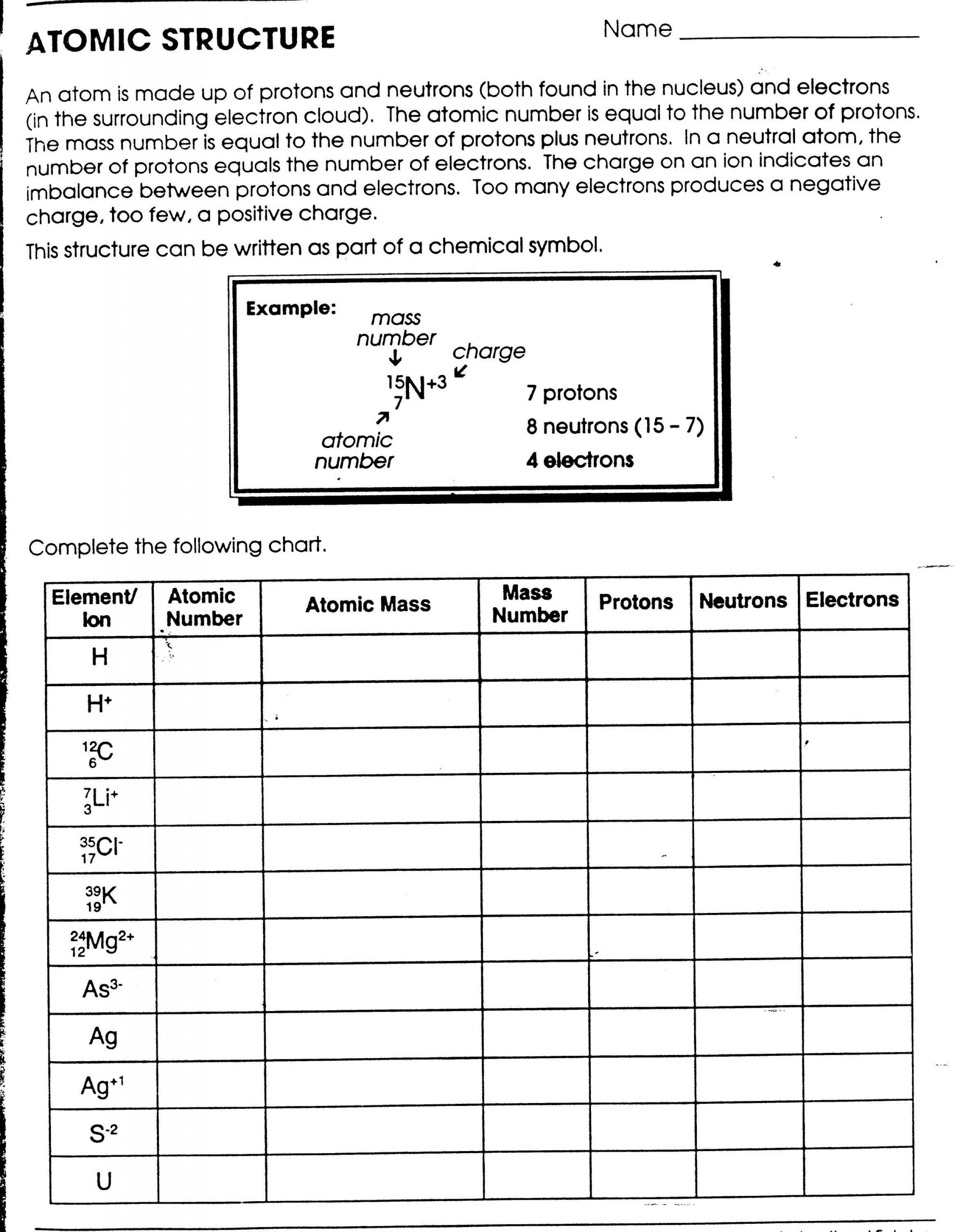 Atomic Structure Worksheet Answers Chemistry Printables atomic Structure Worksheet Gozoneguide