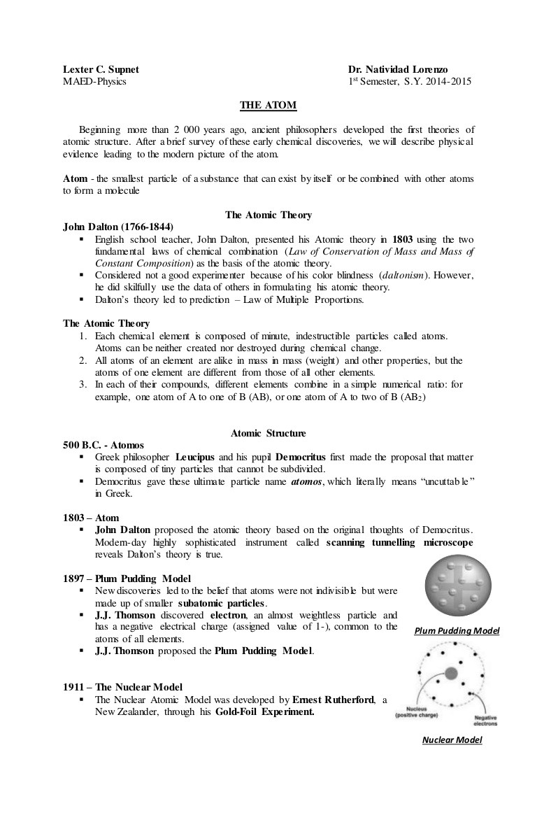 Atomic theory Worksheet Answers the atom Handouts