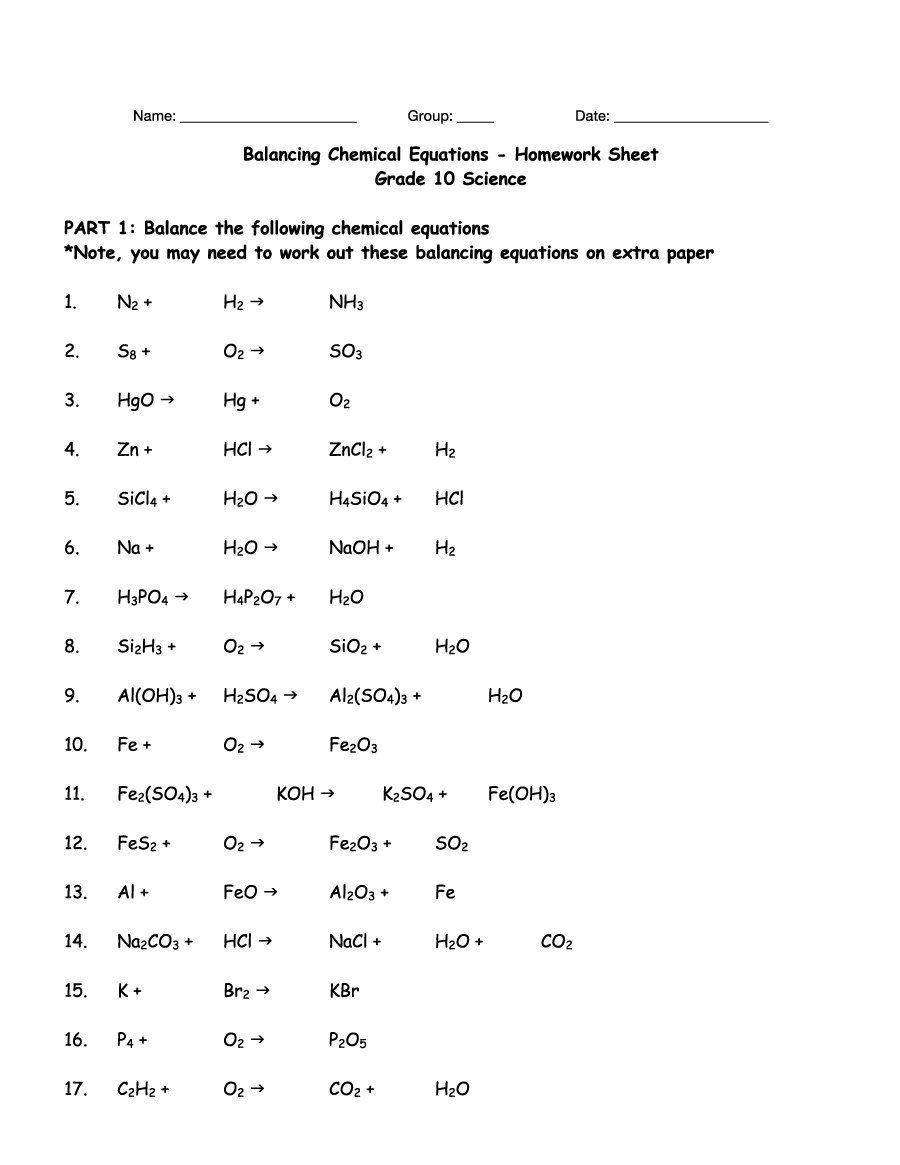 Balancing Act Worksheet Answers Homework Help Balancing Chemical Equations HTML – Chemical