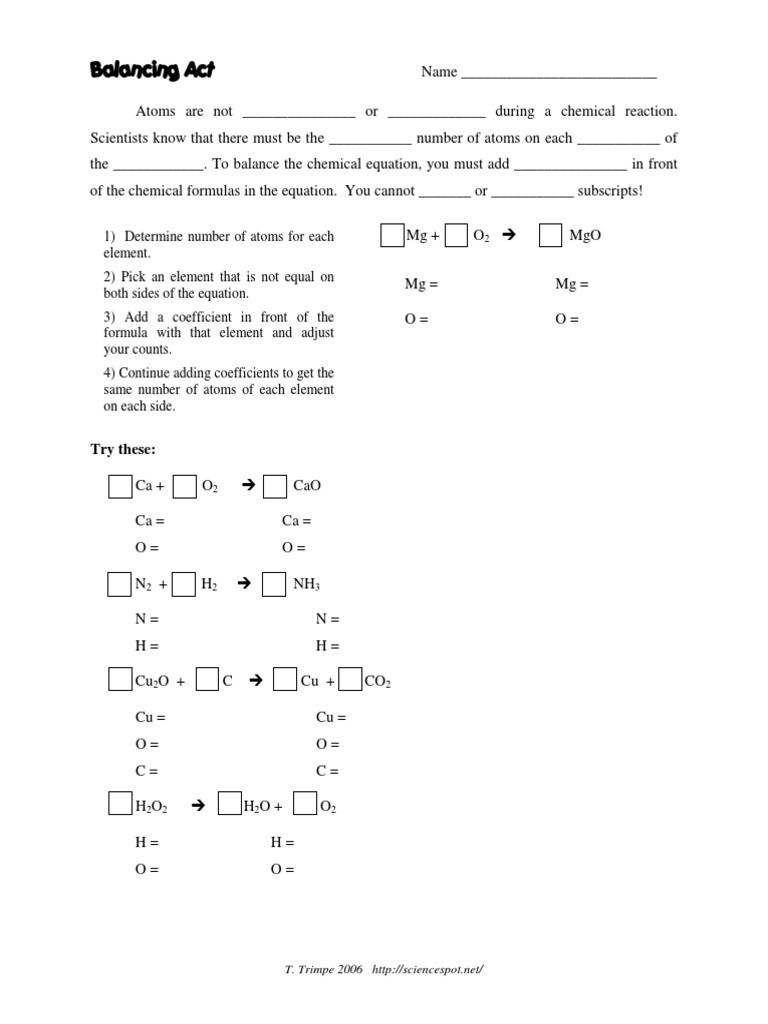 Balancing Act Worksheet Answers Simple Balance Equation Practice Worksheet