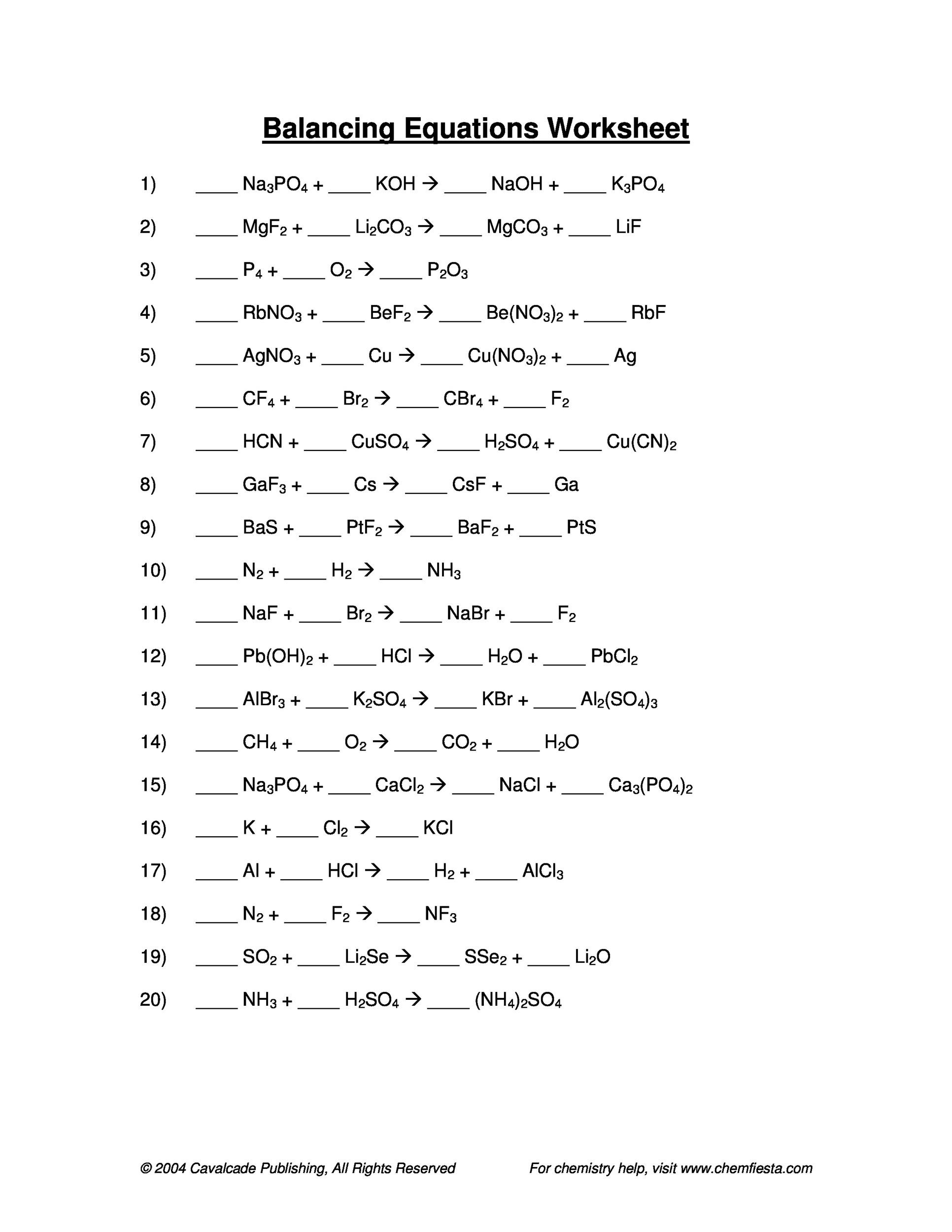 Balancing Equations Worksheet Answer Key 49 Balancing Chemical Equations Worksheets [with Answers]