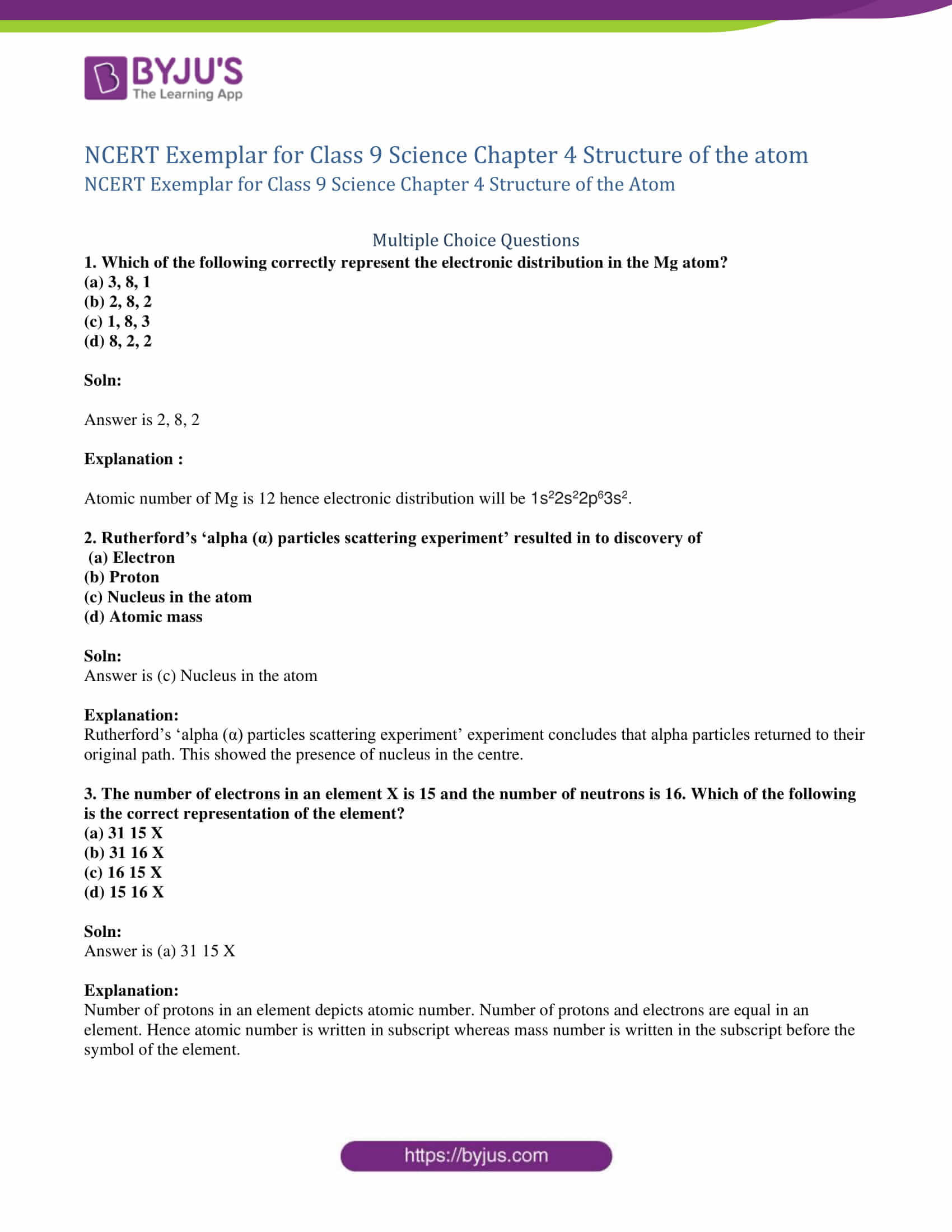 Basic atomic Structure Worksheet Answers Ncert Exemplar Class 9 Science solutions Chapter 4