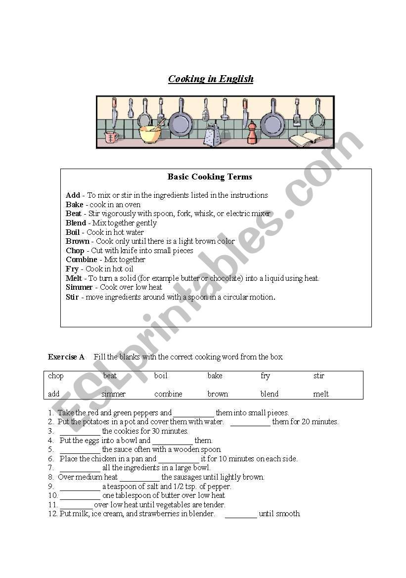 Basic Cooking Terms Worksheet Answers Cooking In English Esl Worksheet by Carole