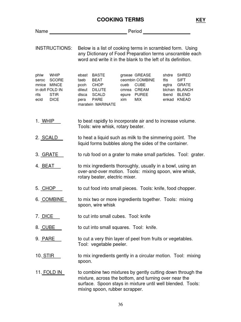 Basic Cooking Terms Worksheet Answers Cooking Terms Key Pdf Mixer Cooking