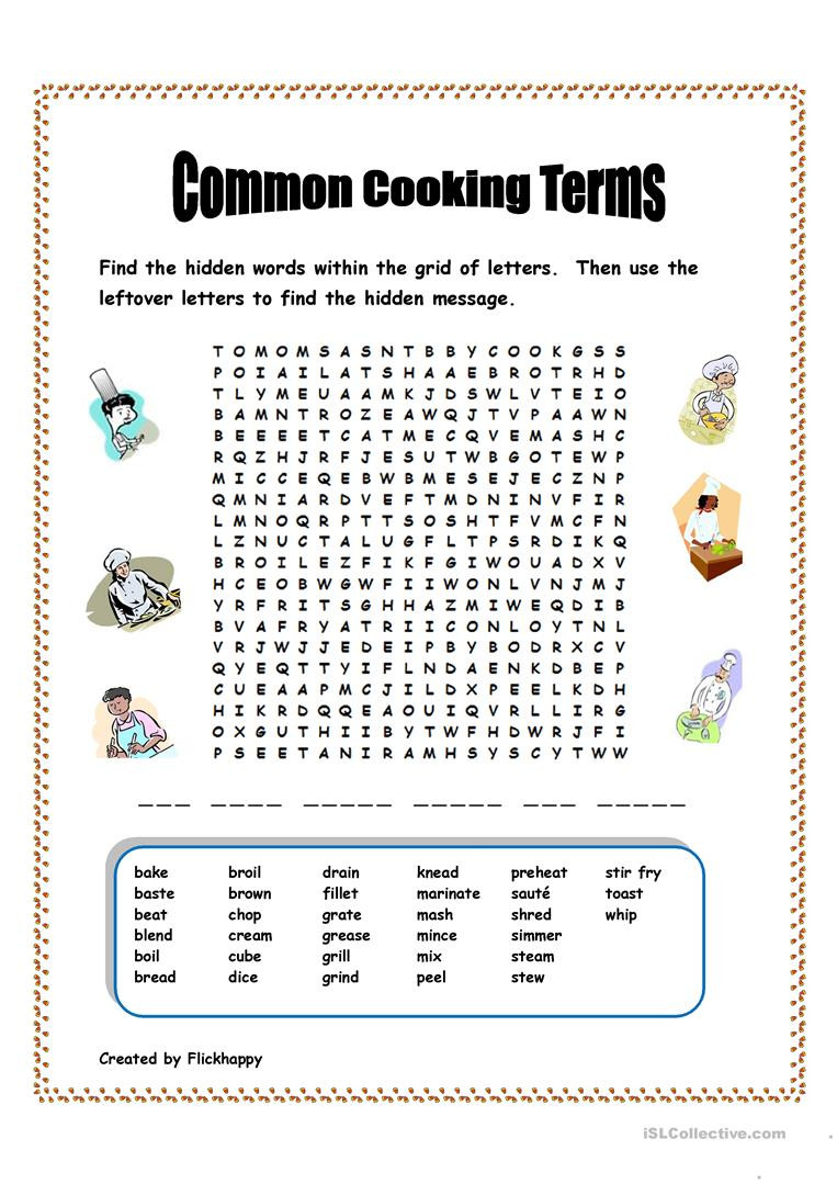 Basic Cooking Terms Worksheet Answers Mon Cooking Terms English Esl Worksheets for Distance