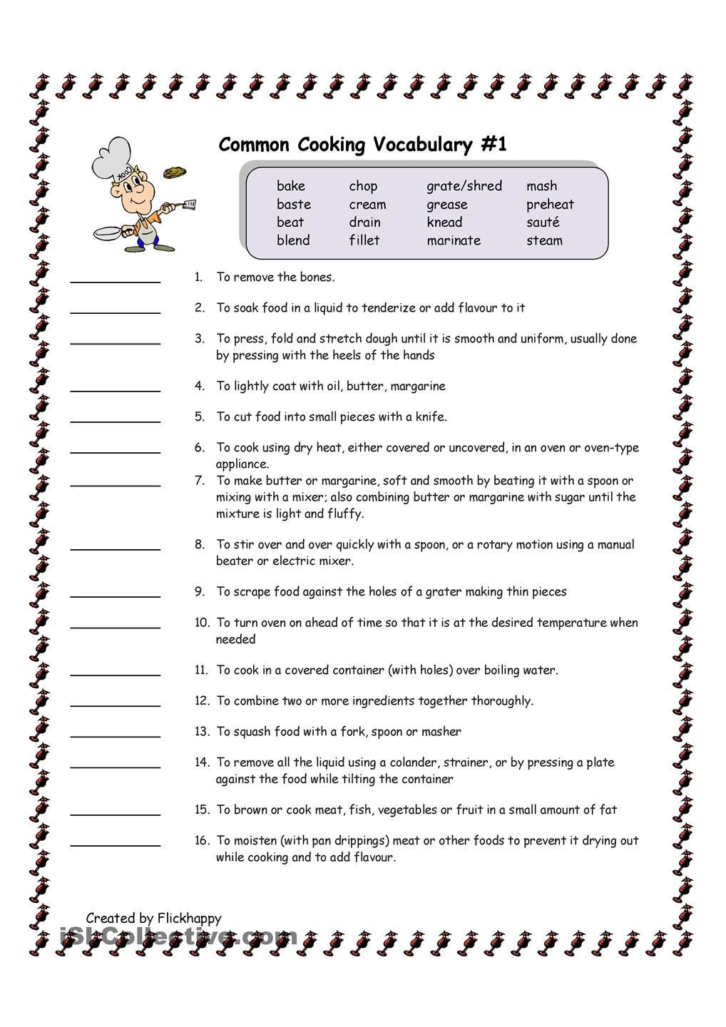 Basic Cooking Terms Worksheet Answers Mon Cooking Vocabulary 1