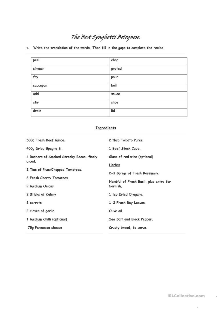 Basic Cooking Terms Worksheet Answers the Best Spaghetti Bolognese Cooking Verbs English Esl