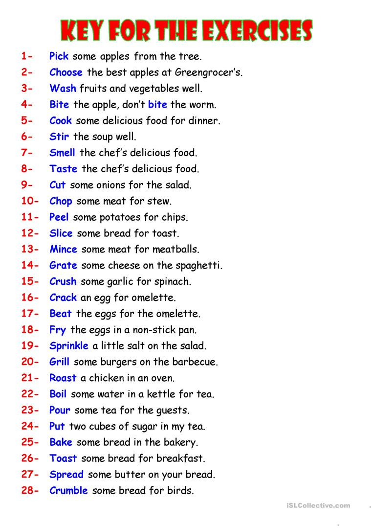 Basic Cooking Terms Worksheet Answers Verbs Food and Cooking English Esl Worksheets for