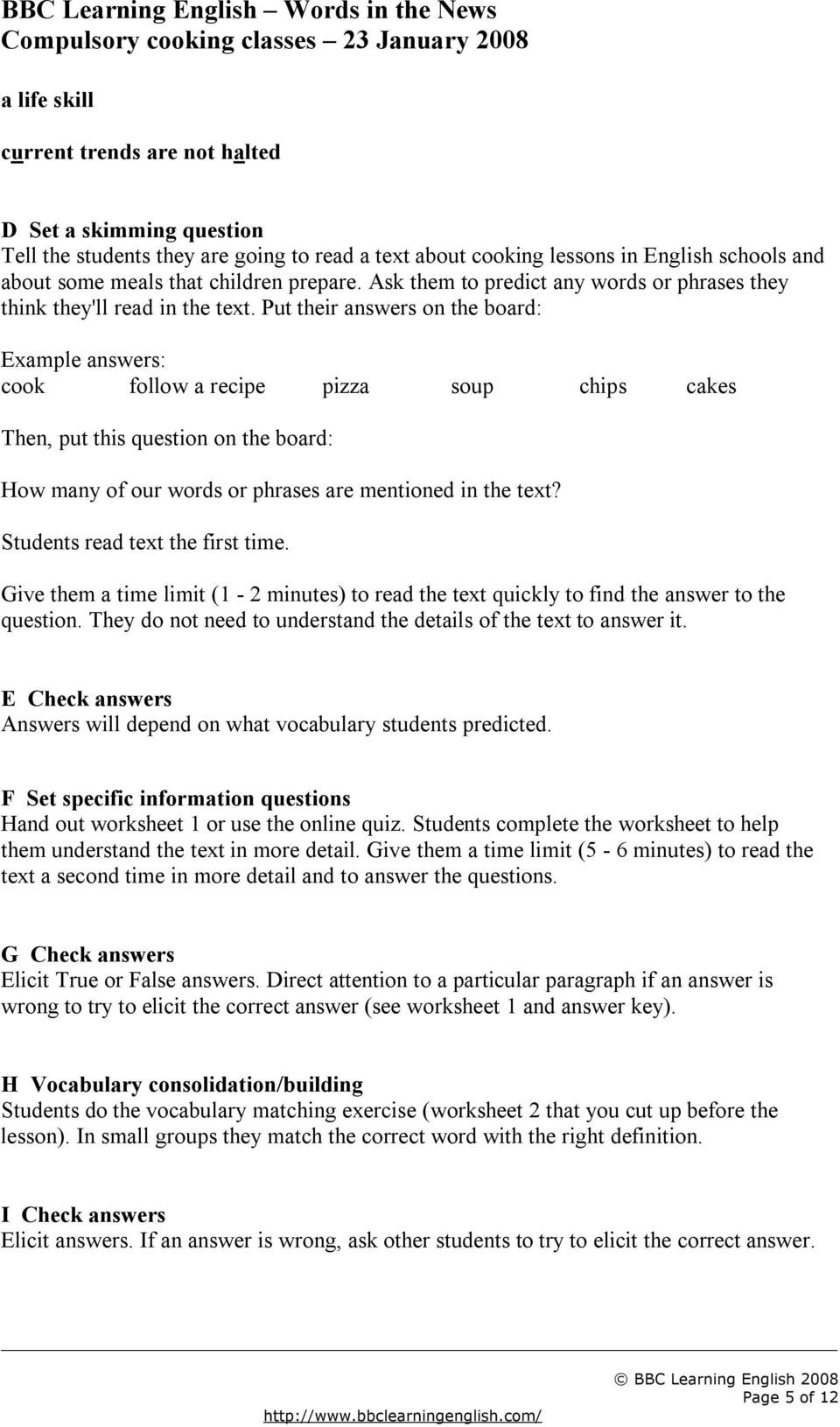 Basic Cooking Terms Worksheet Answers Words In the News Teacher S Pack Lesson Plan and Student