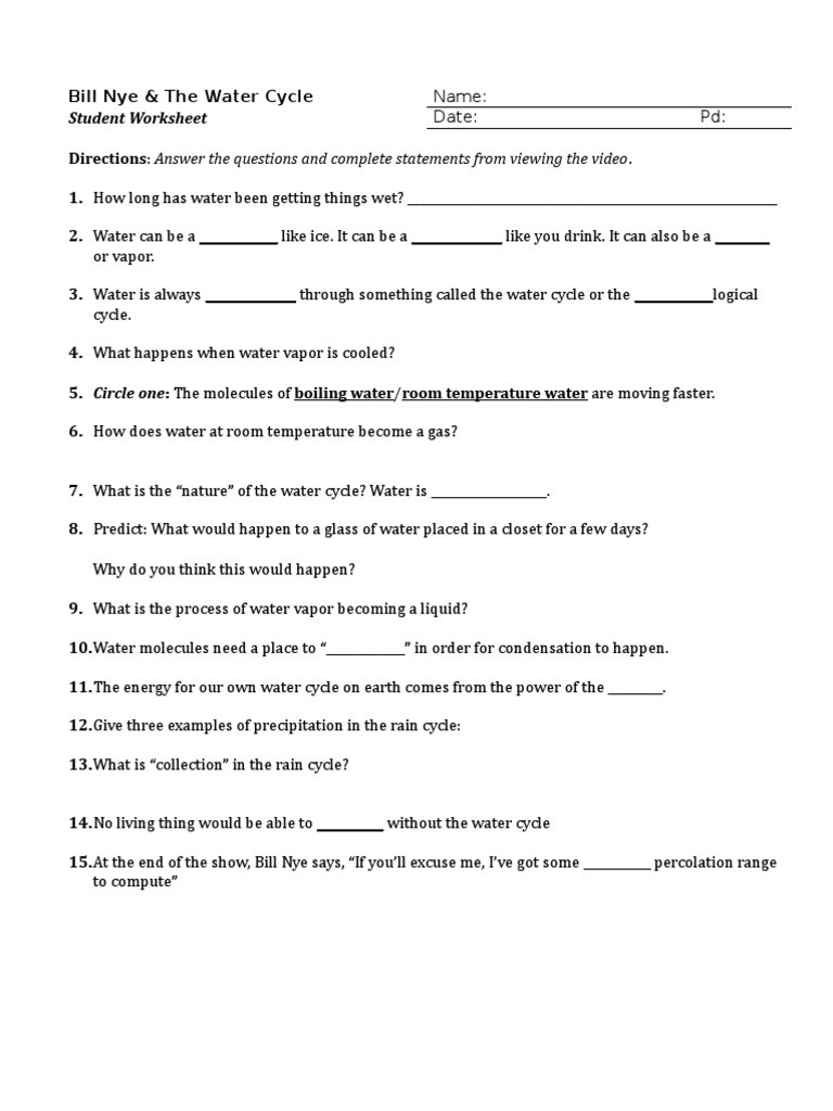 Bill Nye atoms Worksheet Bill Nye and the Water Cycle Handout