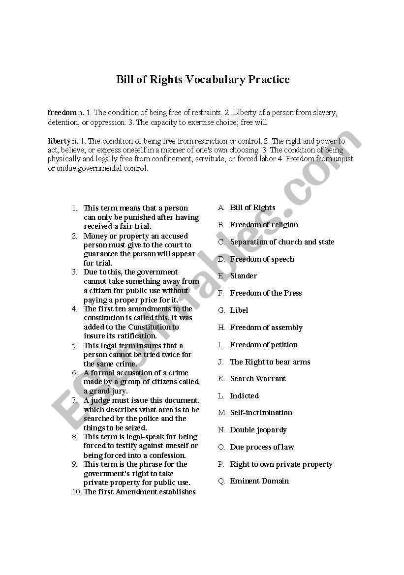Bill Of Rights Worksheet Bill Of Rights Vocubulary Esl Worksheet by Ssander