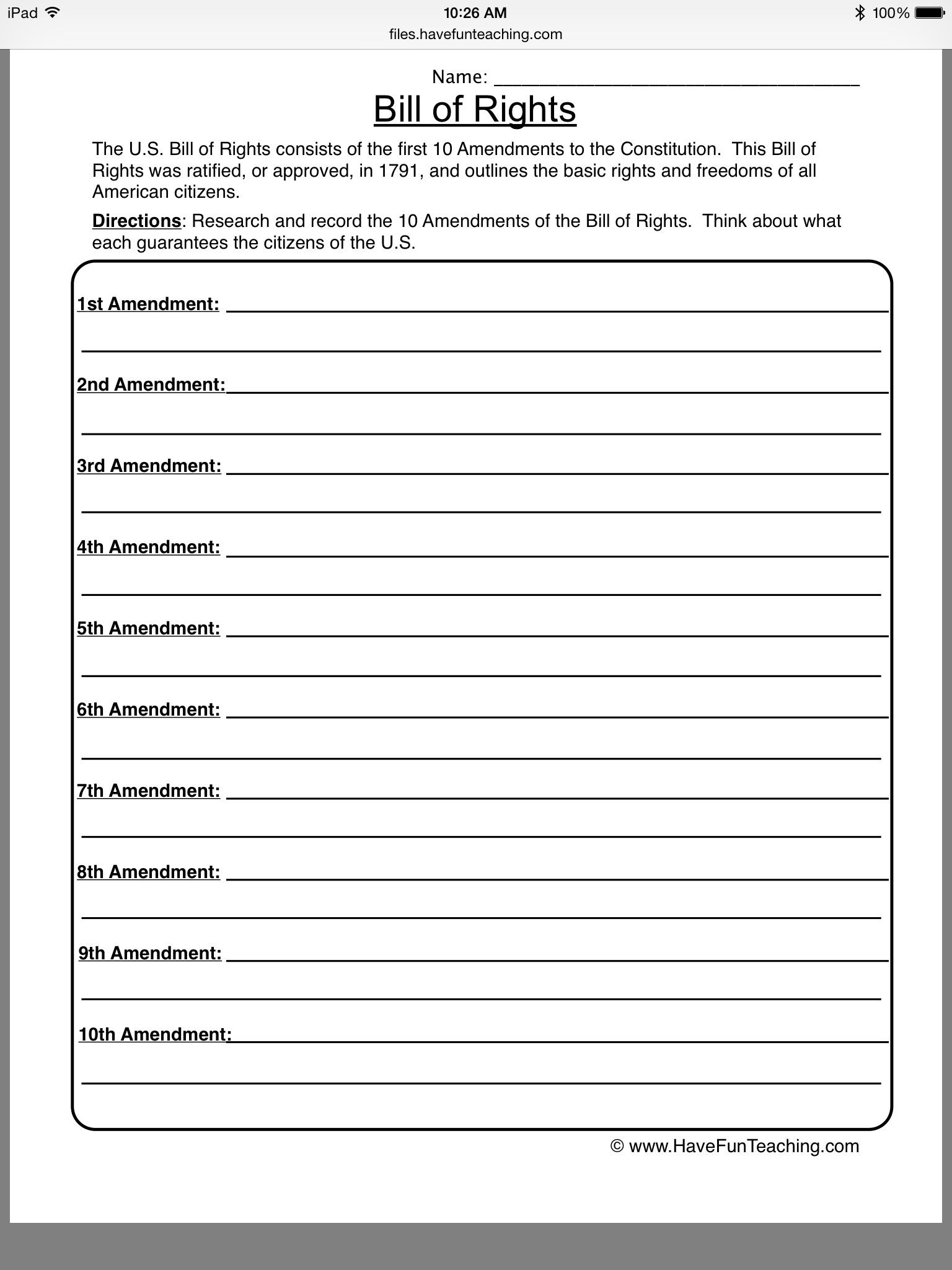 Bill Of Rights Worksheet Blank Bill Of Rights Page