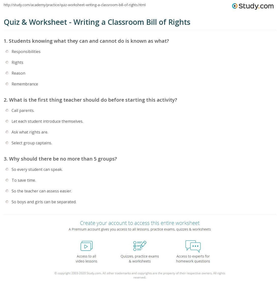 Bill Of Rights Worksheet Quiz &amp; Worksheet Writing A Classroom Bill Of Rights