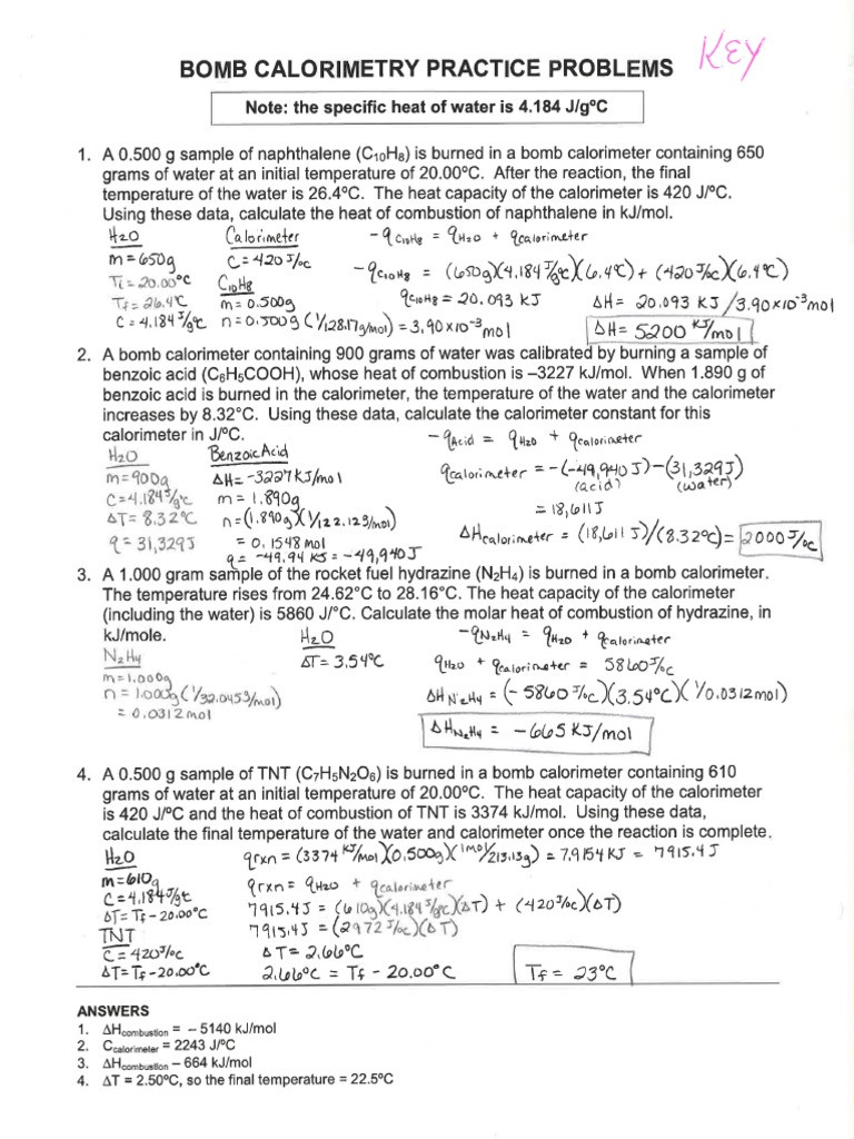Calorimetry Worksheet Answer Key Bomb Calorimetry Practice Problems