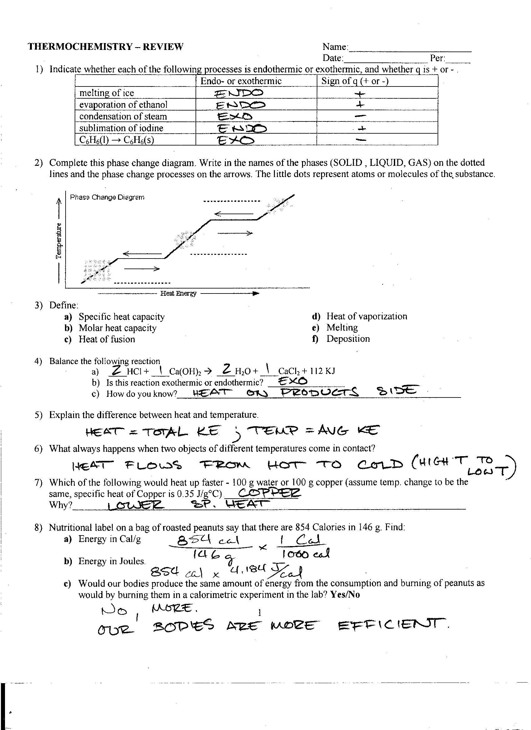 Calorimetry Worksheet Answer Key Chemistry Worksheet Introduction to Specific Heat Capacities