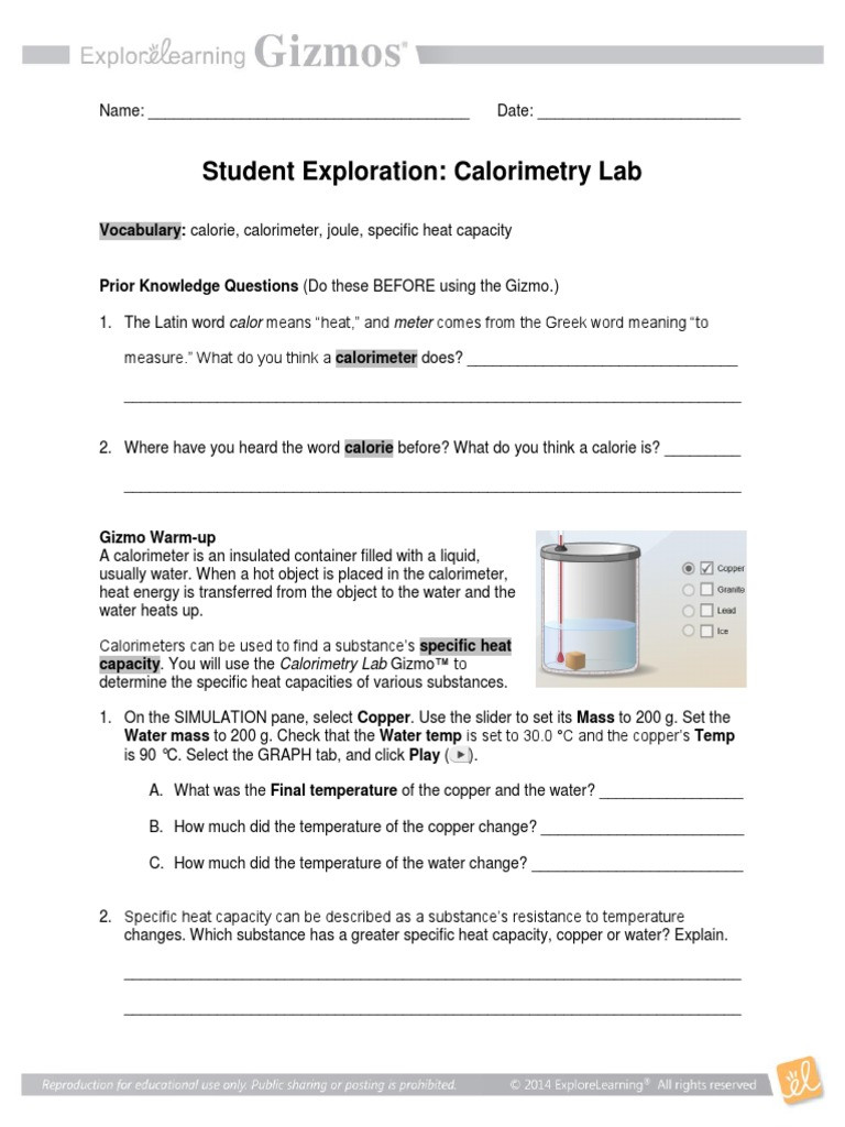 Calorimetry Worksheet Answer Key Gizmo Calorimetry Lab Exploration Pdf Calorie