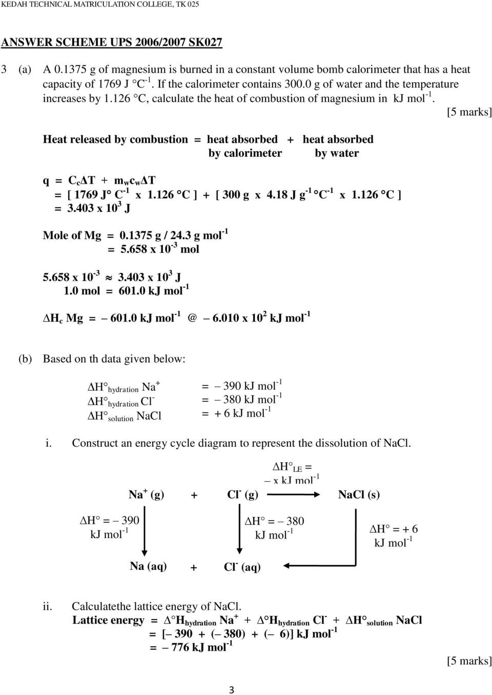 Calorimetry Worksheet Answer Key Suggestion Answer Scheme Chapter 8 thermochemistry 1 A