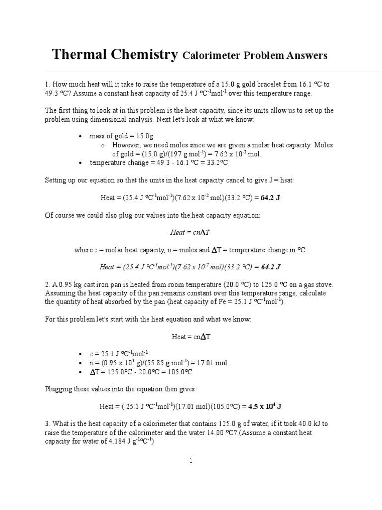 Calorimetry Worksheet Answer Key thermal Chemistry Calorimeter Problem Answers