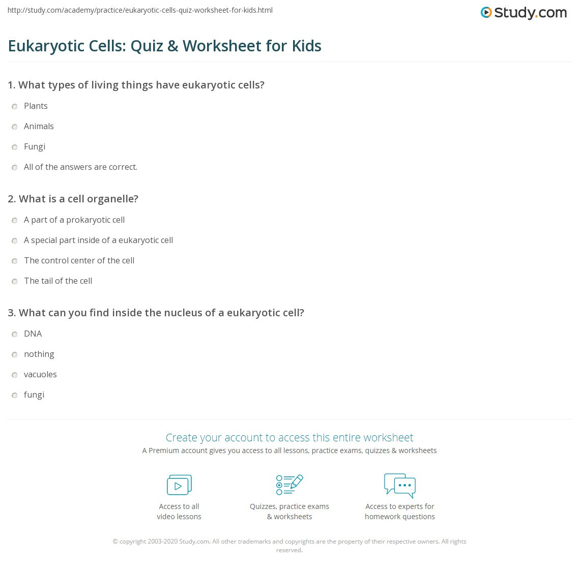 Cells and organelles Worksheet Eukaryotic Cells Quiz &amp; Worksheet for Kids