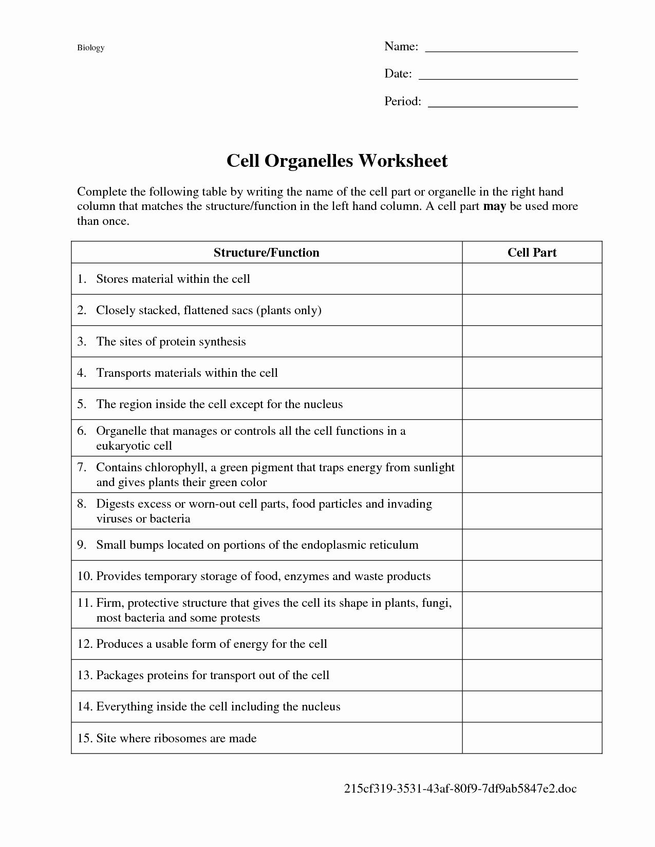 Cells and their organelles Worksheet Cell organelles and Functions Worksheet