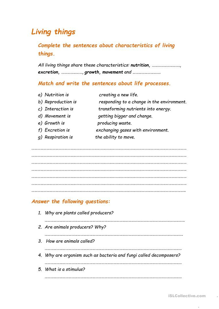 Characteristics Of Living Things Worksheet Living Things Test English Esl Worksheets for Distance