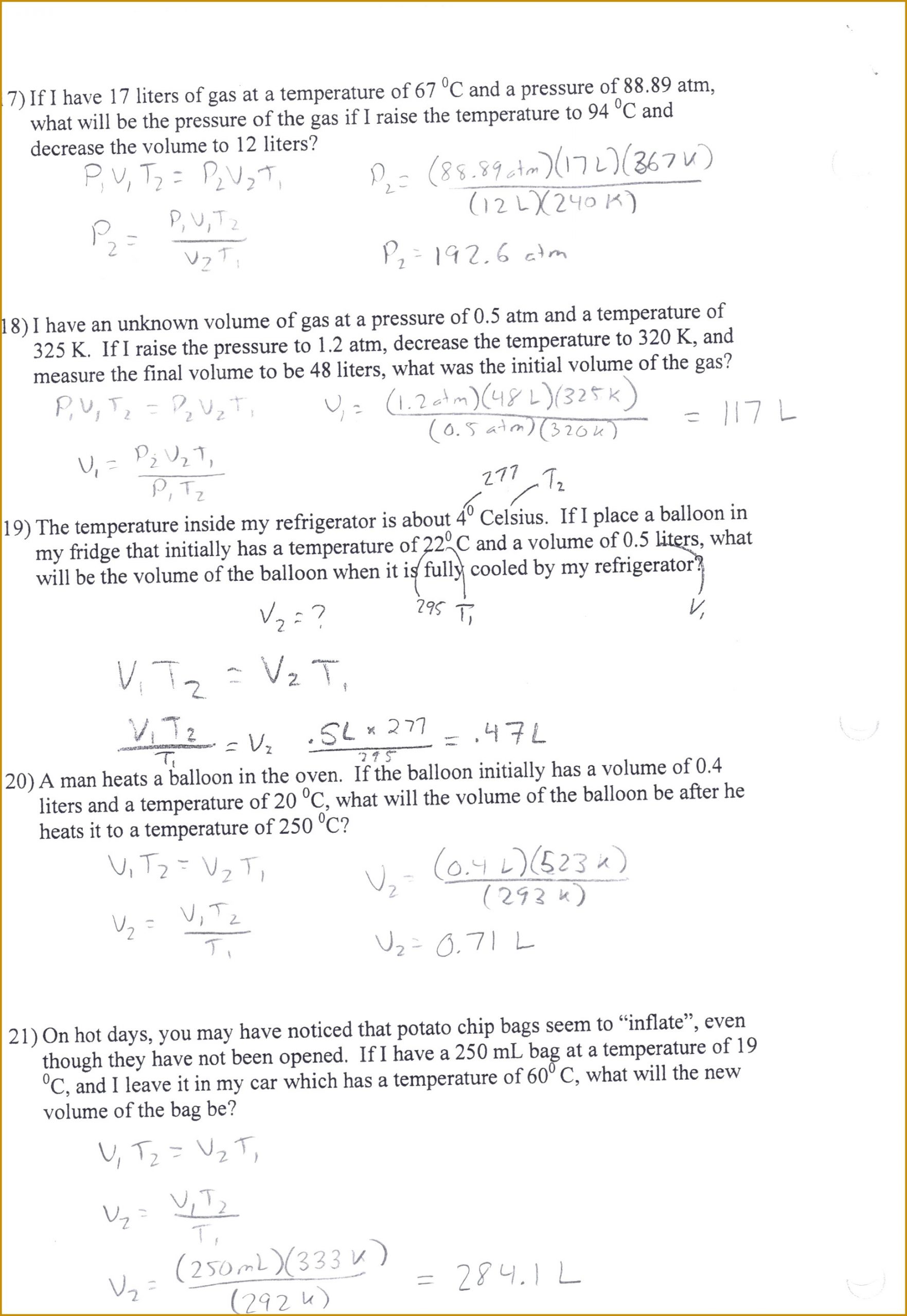 Charles Law Worksheet Answers Gas Laws Practice Worksheet Answers