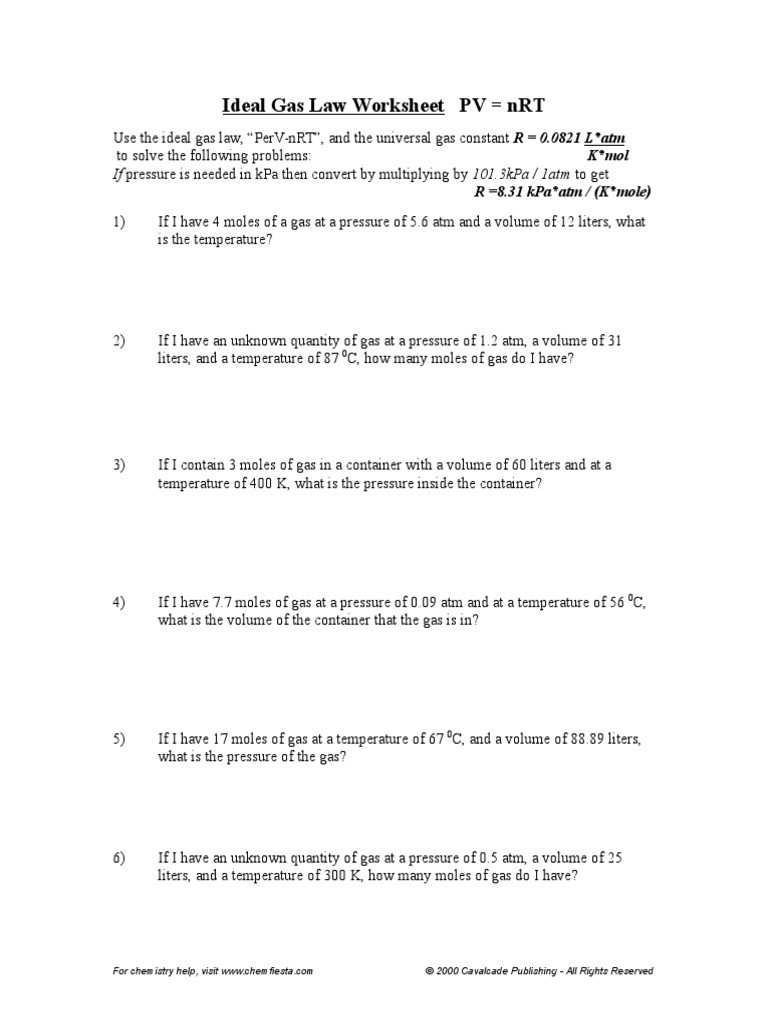 Charles Law Worksheet Answers Work Packet 6 Gases Gases