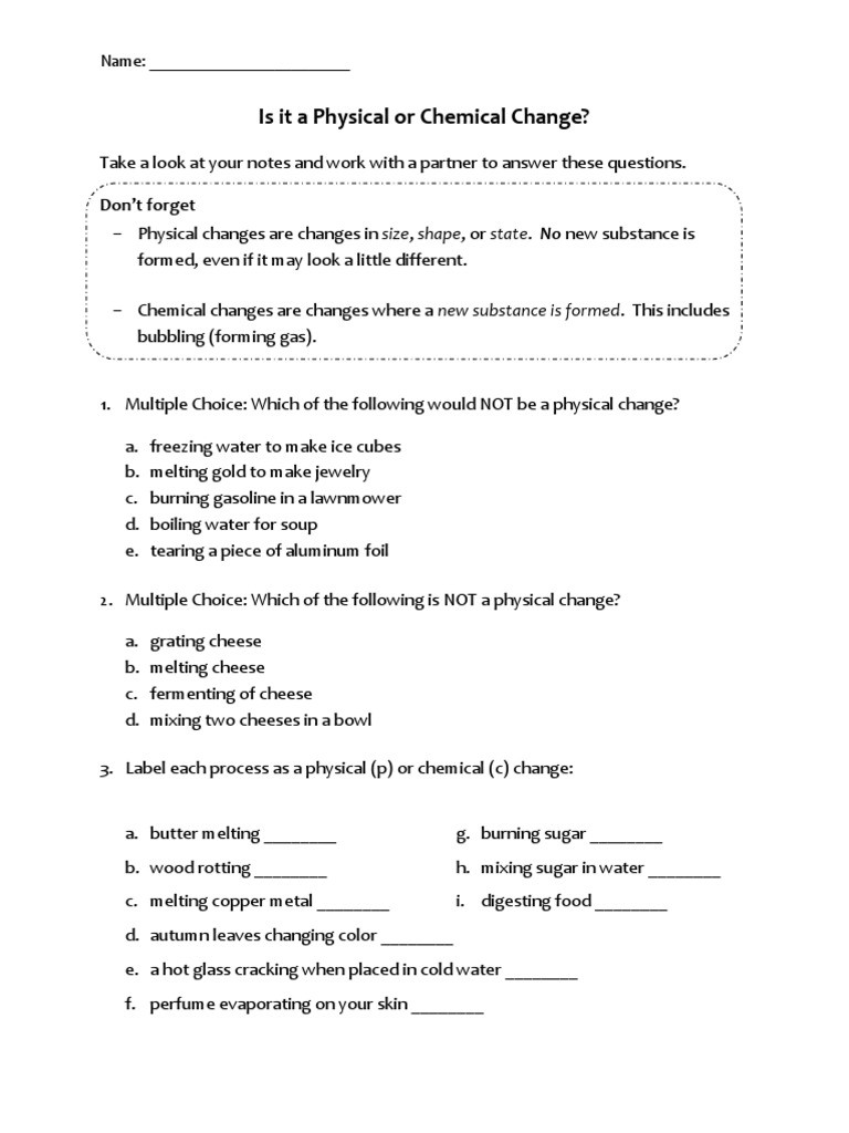 Chemical and Physical Changes Worksheet Physical and Chemical Changes Worksheet