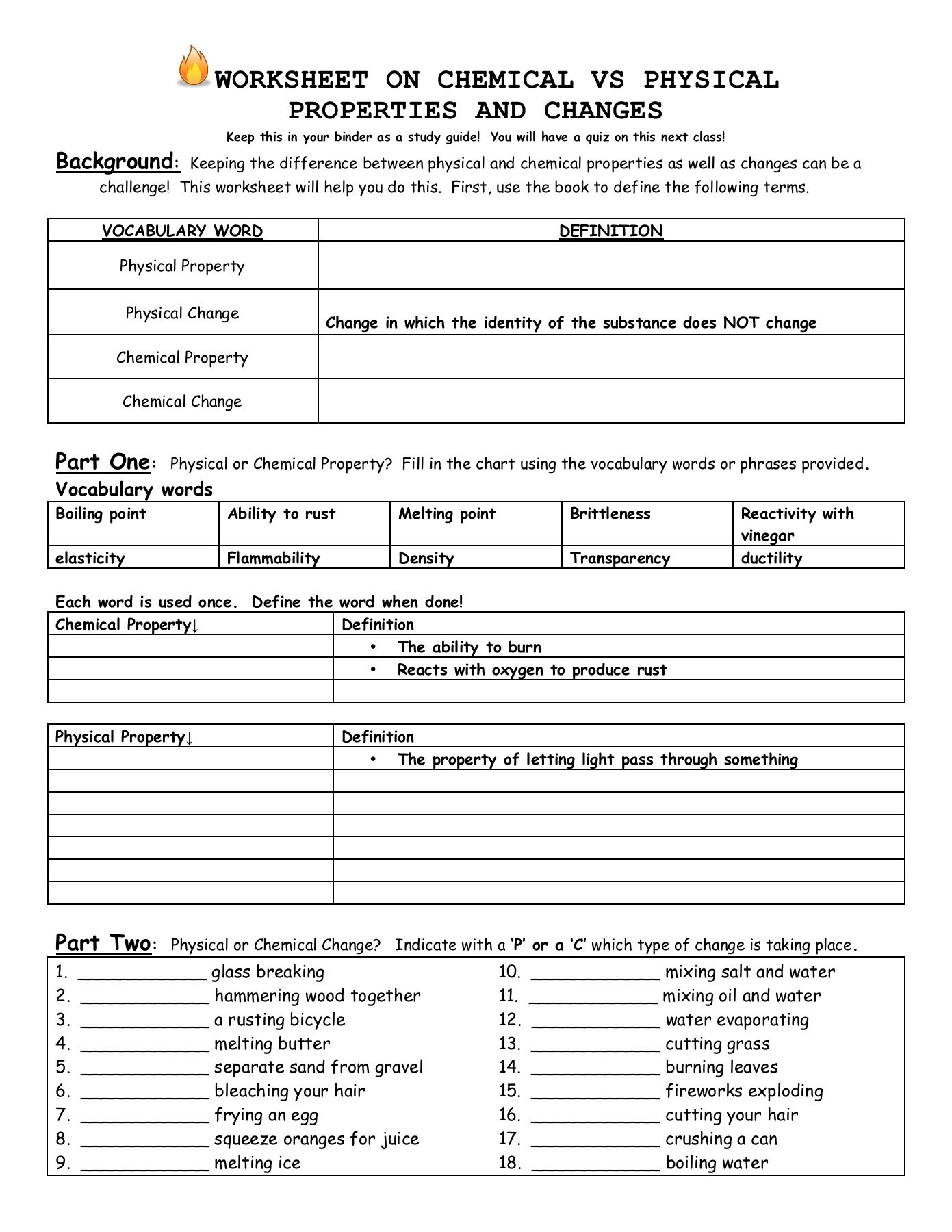 Chemical and Physical Changes Worksheet Worksheet On Chemical Vs Physical Properties and Changes