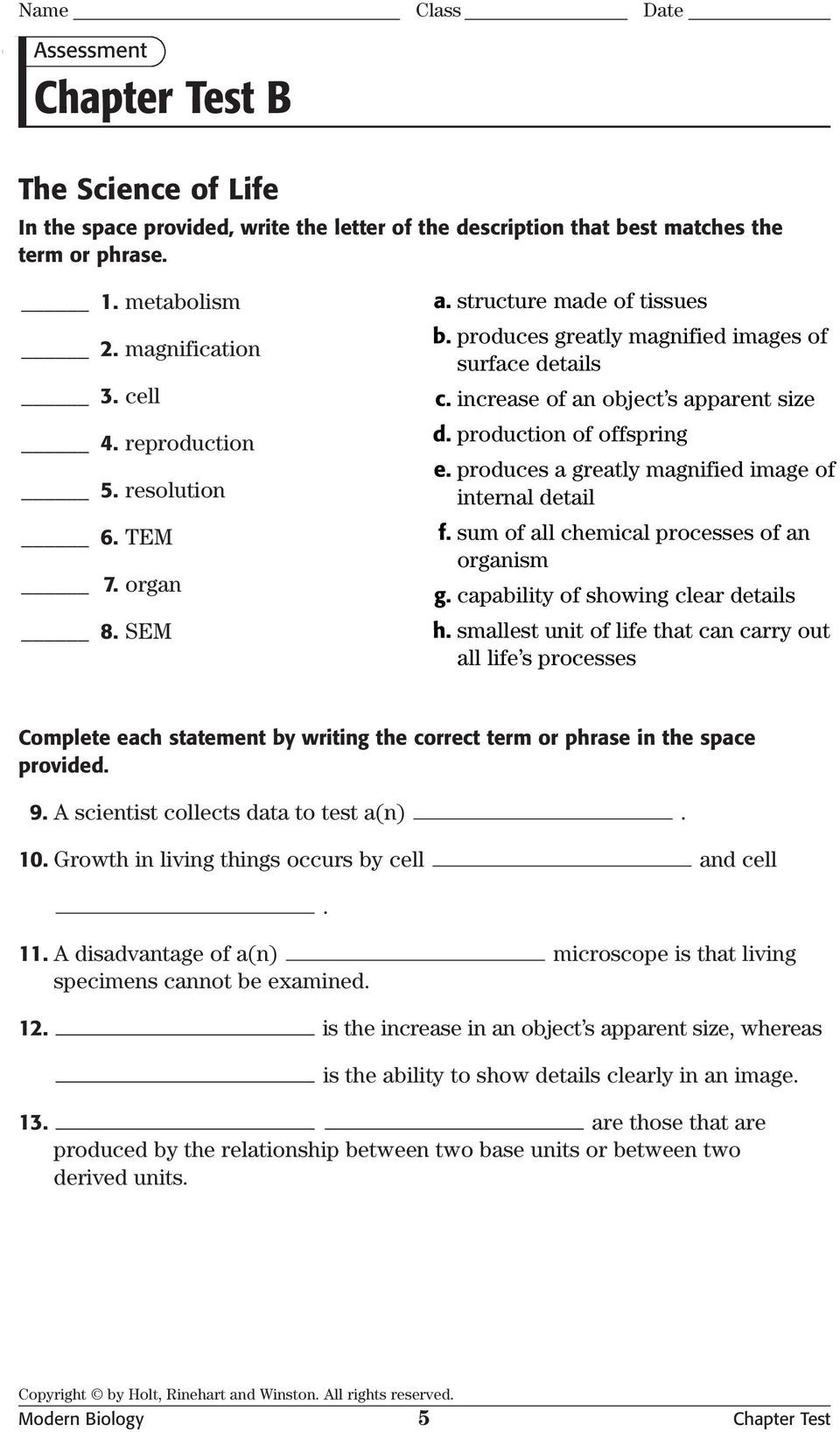 Chemistry Of Life Worksheet Modern Biology Chapter Tests with Answer Key General and