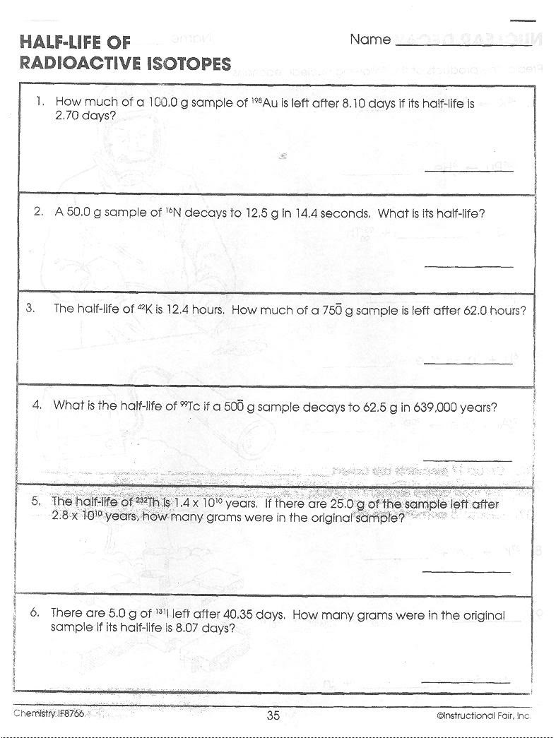 Chemistry Of Life Worksheet Nuclear Decay and Half Life Worksheet