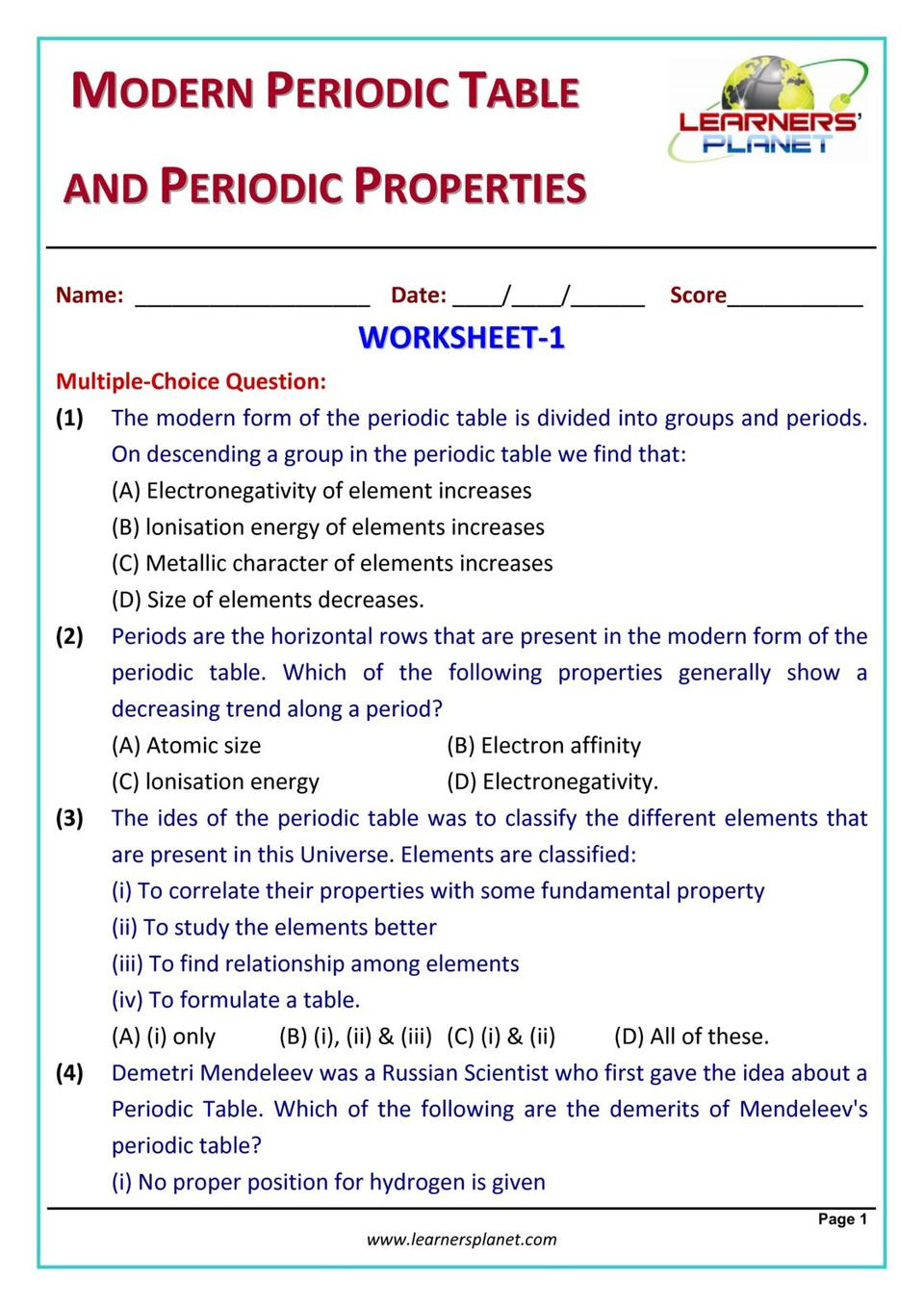 Chemistry Periodic Table Worksheet Grade 10 Chemistry Olympiad Modern Periodic Table