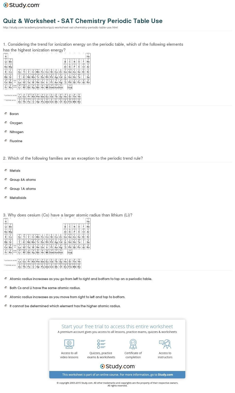 Chemistry Periodic Table Worksheet Periodic Table Questions Periodic Table Questions