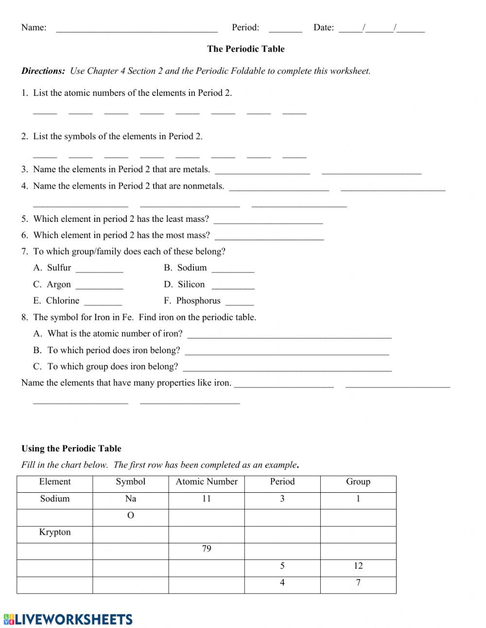 Chemistry Periodic Table Worksheet the Periodic Table Worksheet Interactive Worksheet