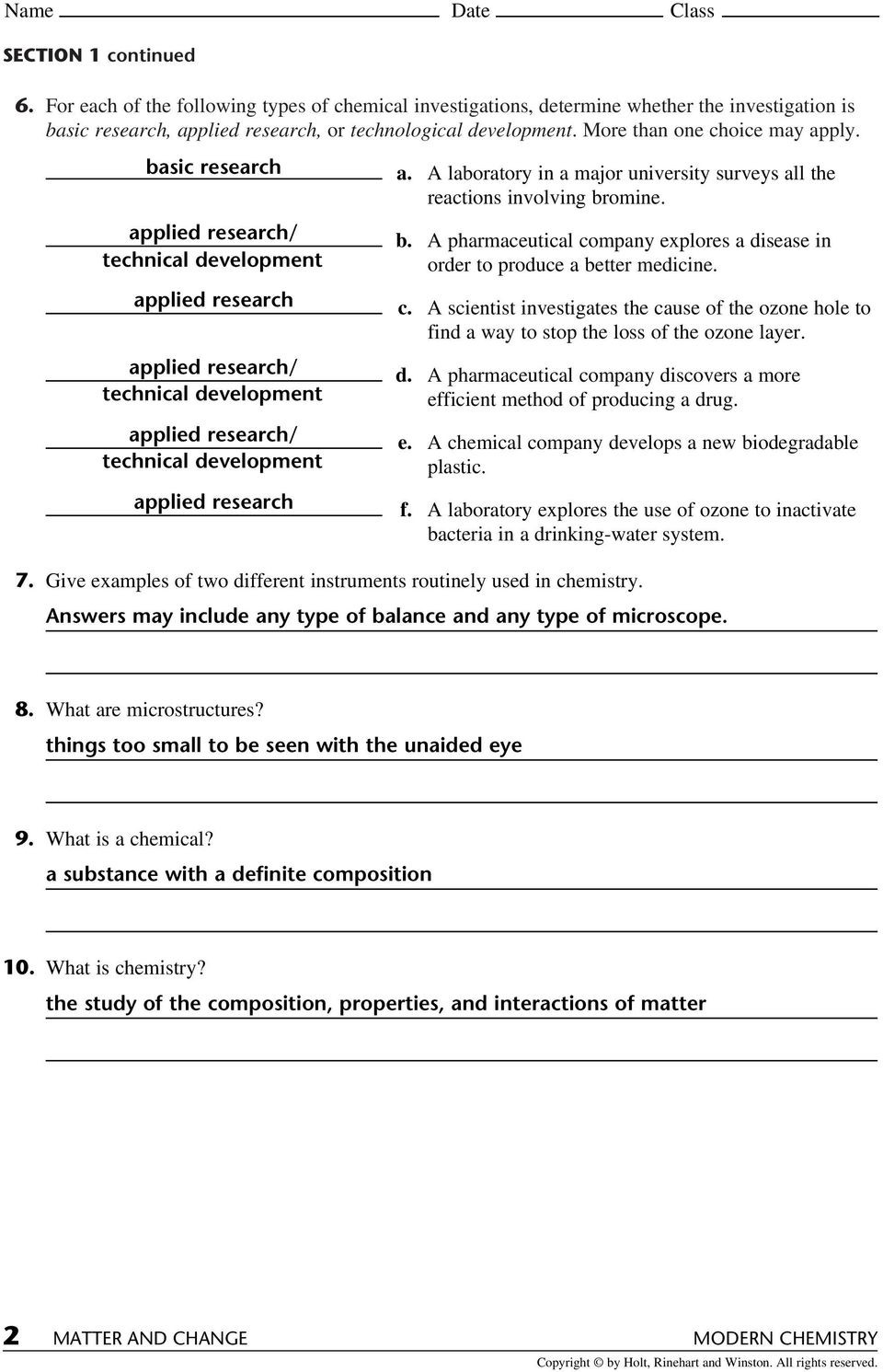 Chemistry Worksheet Matter 1 Answers Name Date Class Chapter 1 Review Answer the Following