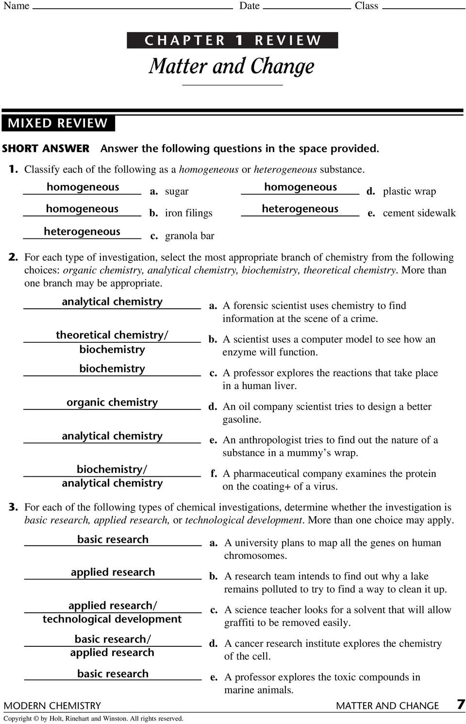 Chemistry Worksheet Matter 1 Answers Name Date Class Chapter 1 Review Answer the Following