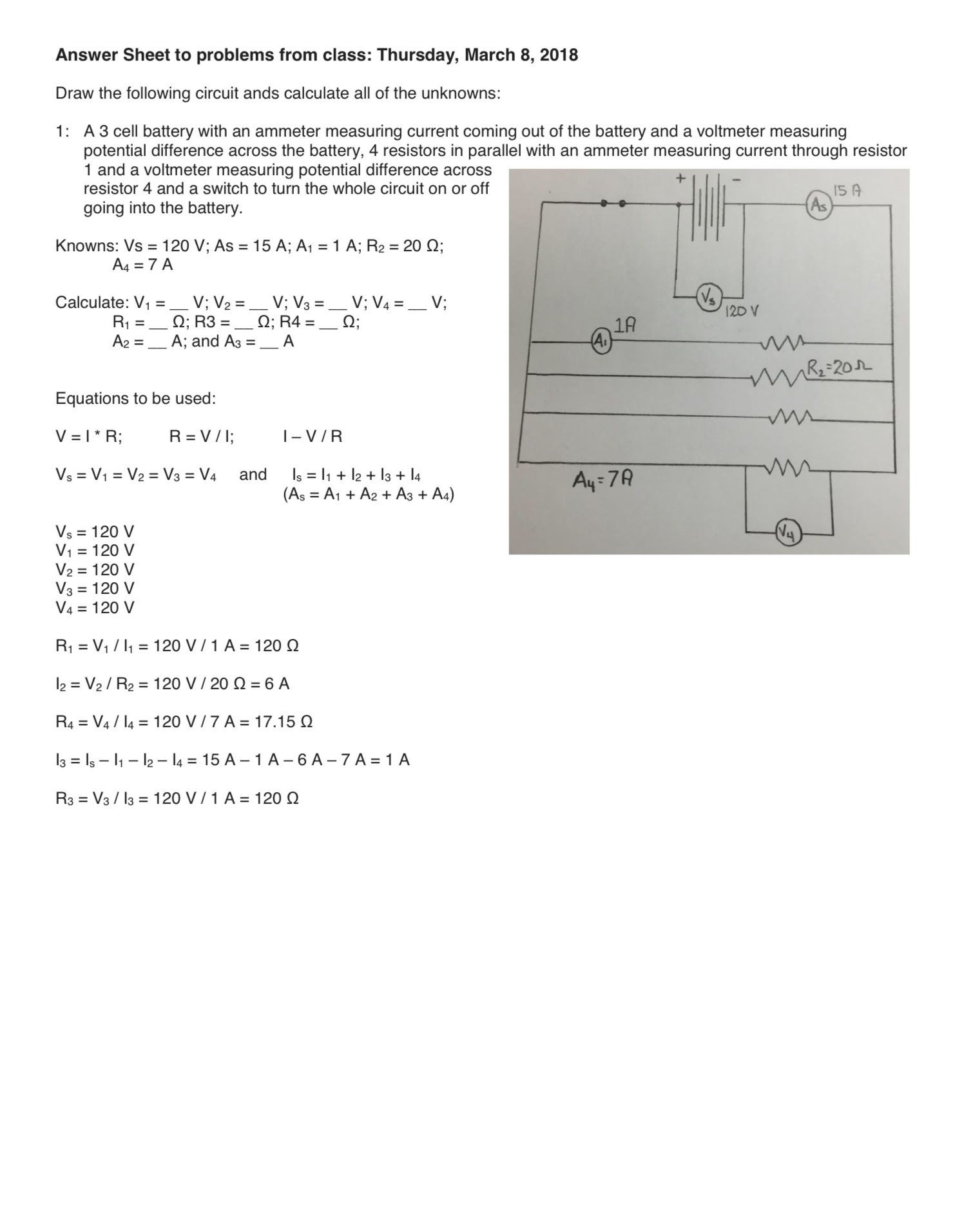 Circuits Worksheet Answer Key Calculating V I &amp; R for A Series and Parallel Circuit