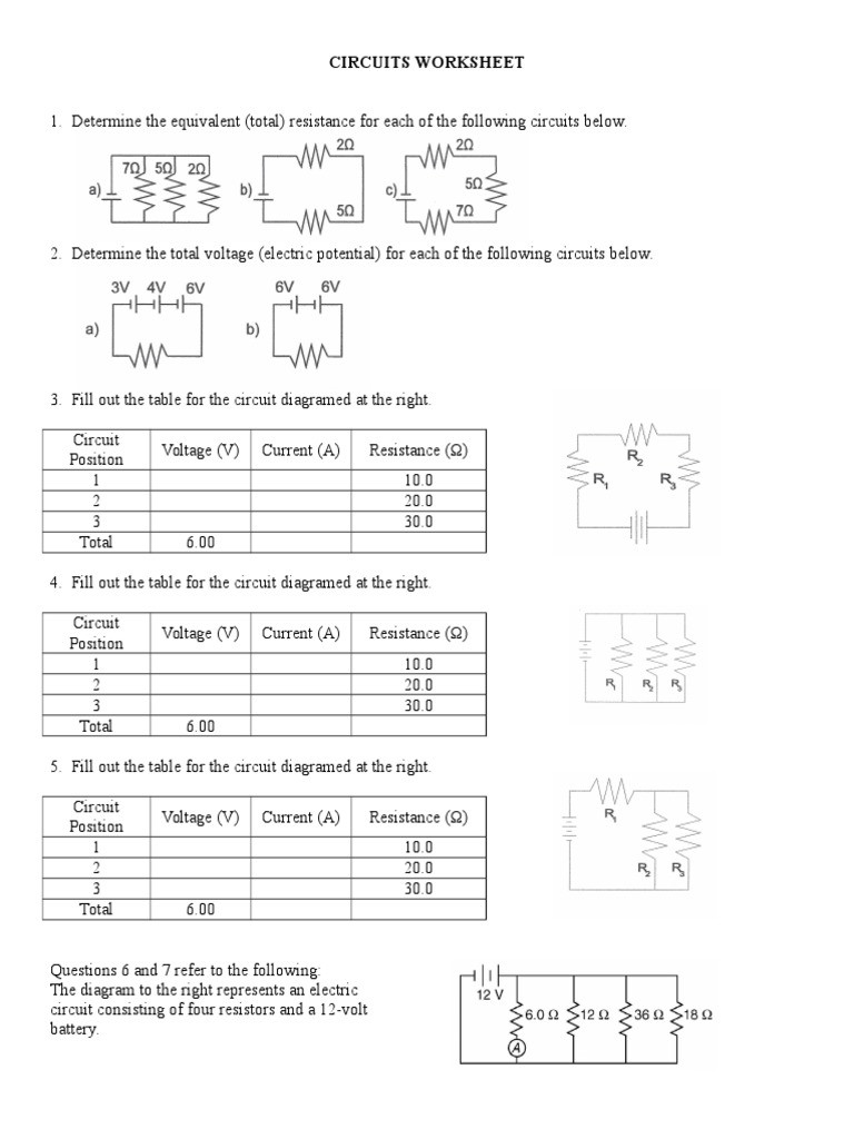 Circuits Worksheet Answer Key Circuits Worksheet
