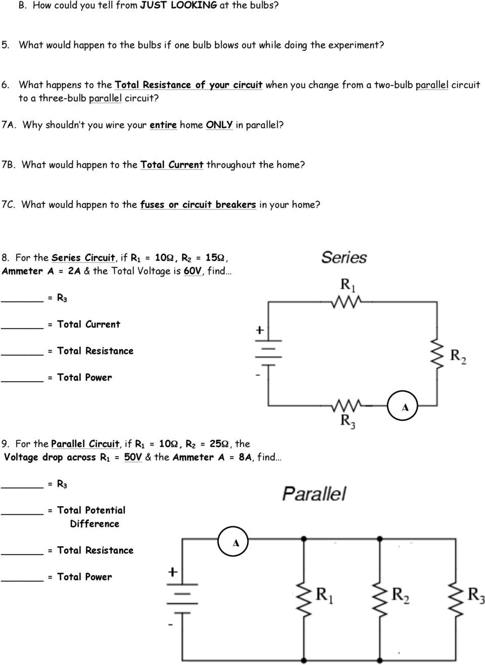 Circuits Worksheet Answer Key Current Electricity Lab Series Parallel Circuits Safety and