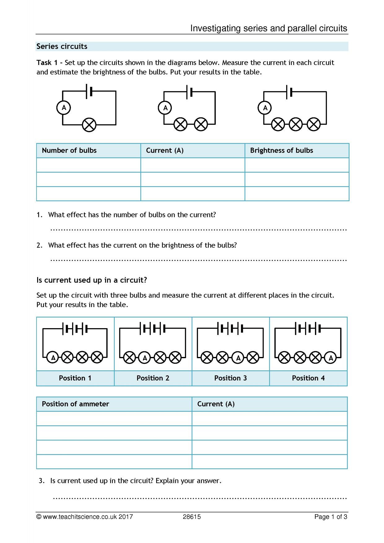 Circuits Worksheet Answer Key Investigating Series and Parallel Circuits