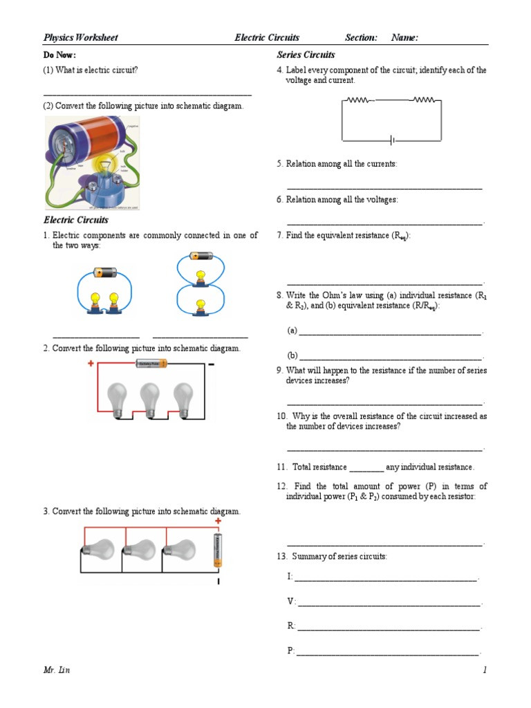 Circuits Worksheet Answer Key Physics Worksheet Lesson 19 Electric Circuits 1 Pdf