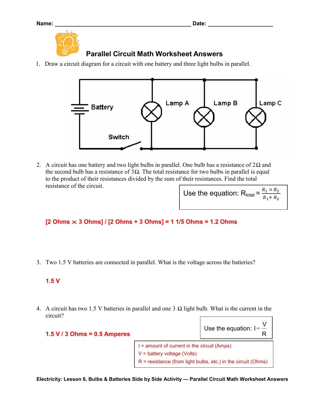 Circuits Worksheet Answer Key Series Parallel Circuits Worksheet