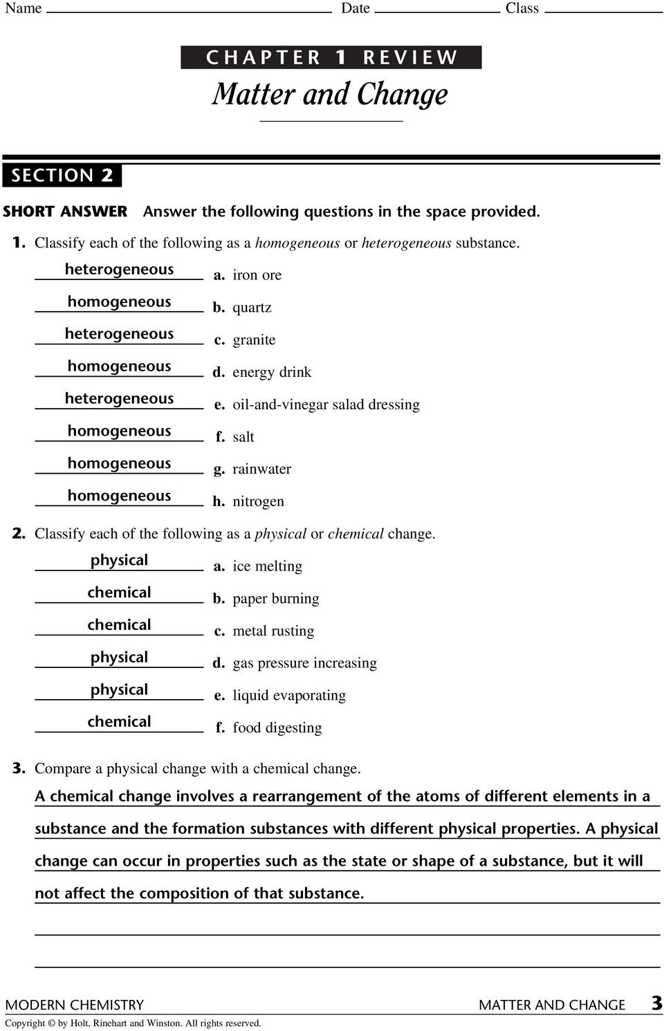 Classifying Matter Worksheet Answer Key Name Date Class Chapter 1 Review Answer the Following
