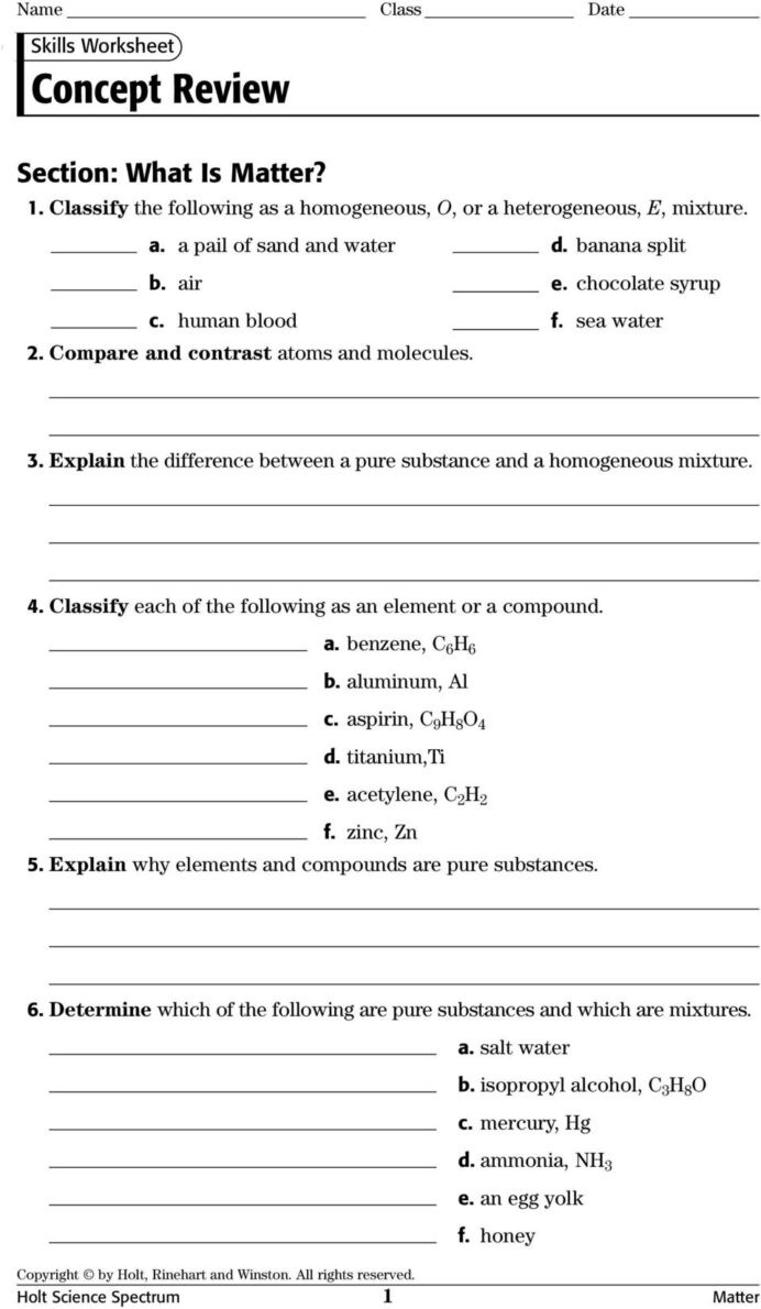 Classifying Matter Worksheet Answer Key Physical Science Concept Review Worksheets with Answer Keys