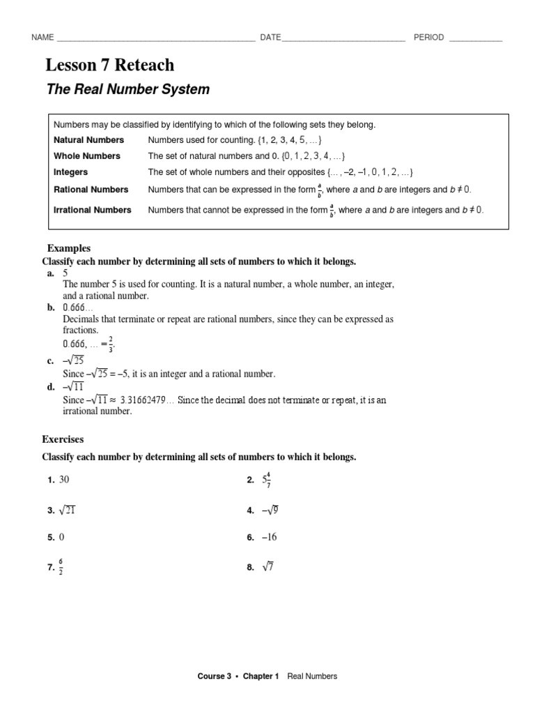 Classifying Real Numbers Worksheet Reteach the Real Number System Numbers