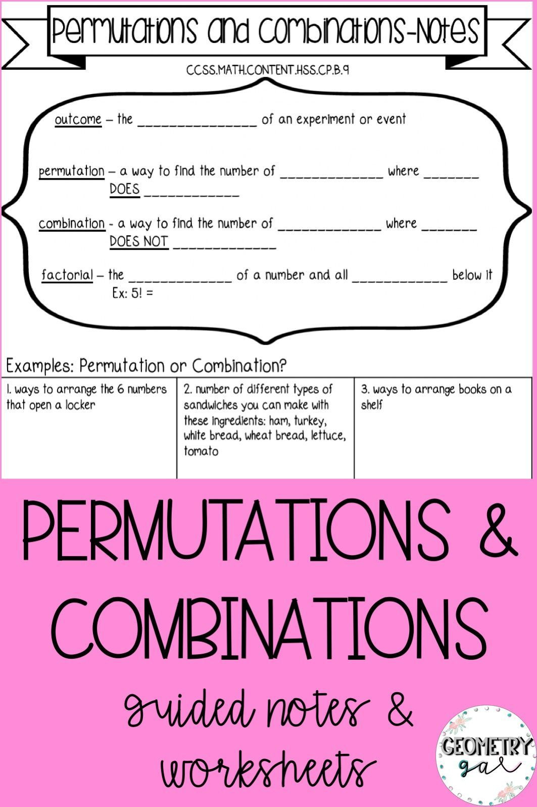 Combinations and Permutations Worksheet Permutations and Binations Guided Notes and Worksheets
