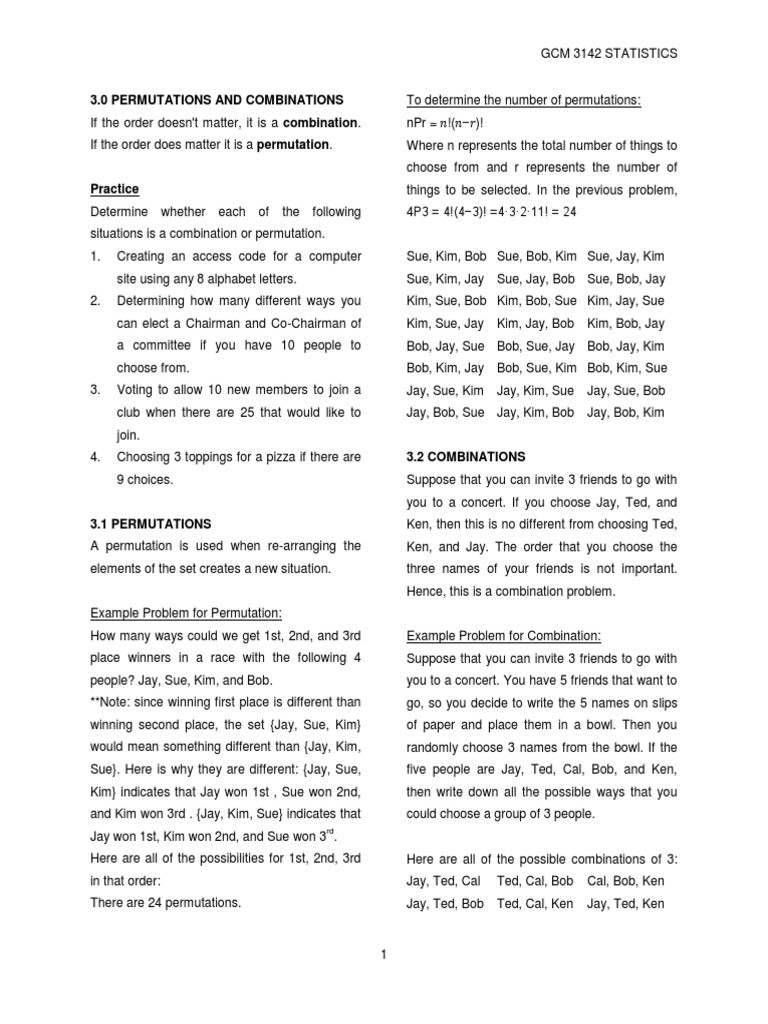 Combinations and Permutations Worksheet Permutations and Binations Worksheet