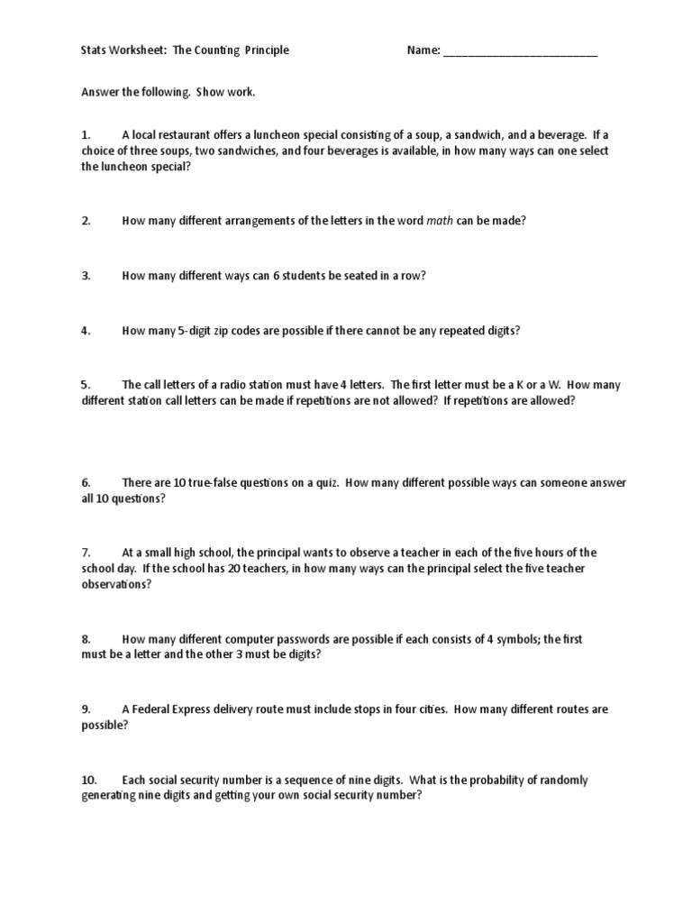 Combinations and Permutations Worksheet the Counting Principle Worksheet Answers