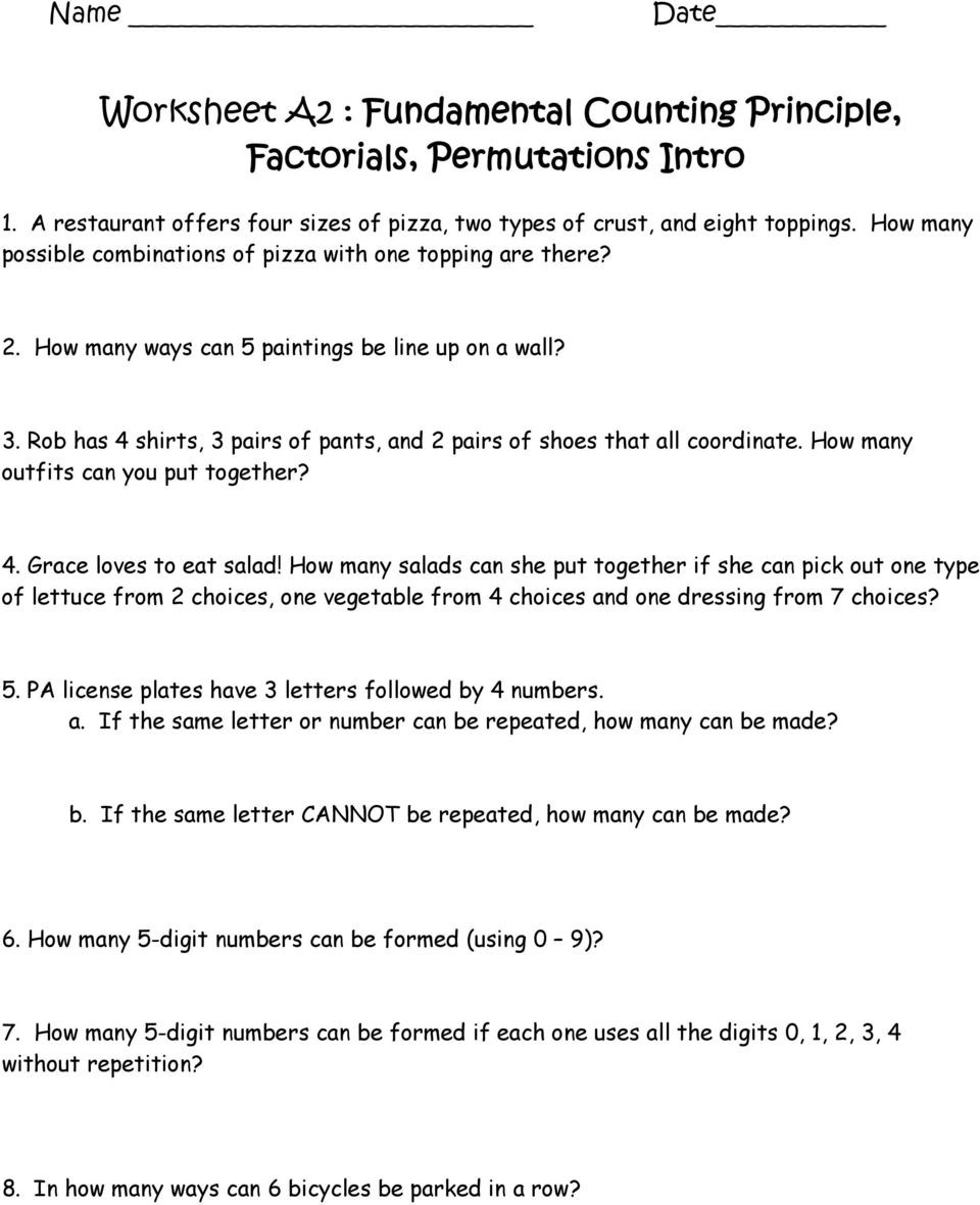 Combinations and Permutations Worksheet Worksheet A2 Fundamental Counting Principle Factorials